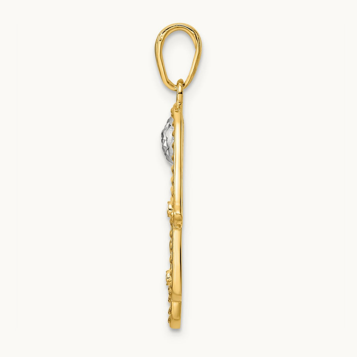 & White Rhodium D/C Evil Eye Filigree Hamsa Pendant, 14K