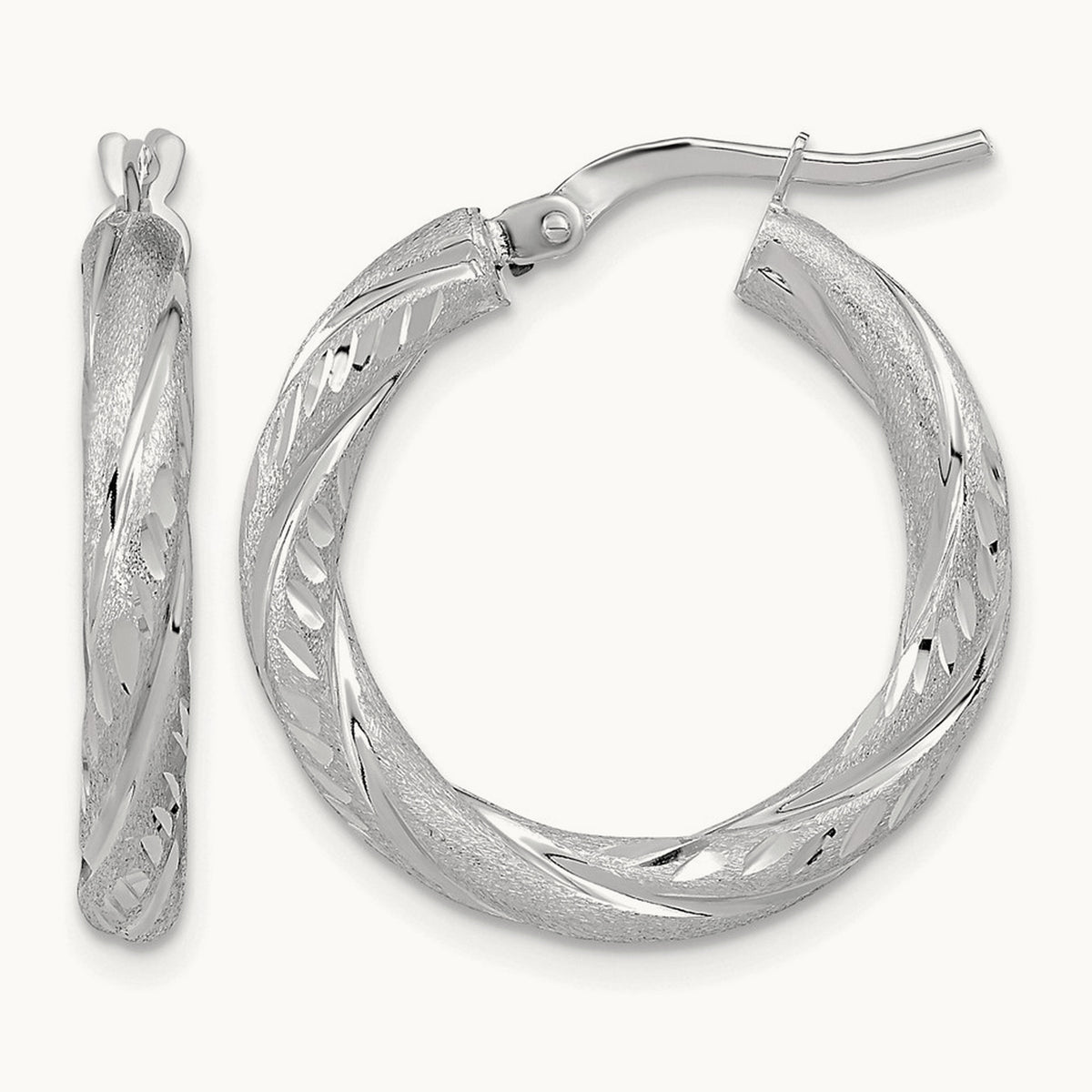 Polished & Satin Diamond-cut Hoop Earrings — 14K White Gold
