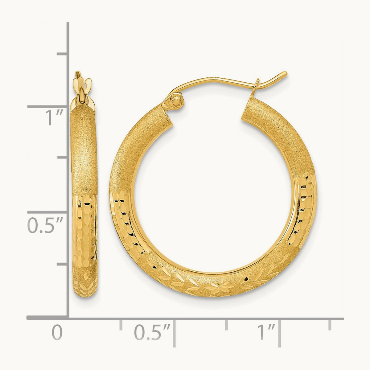 Polished Satin and Diamond-cut Hoop Earringss, 14K