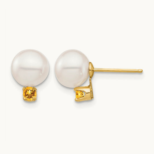 7- White Round Freshwater Cultured Pearl Citrine Post Earrings, 7.5mm, 14K
