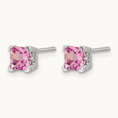 Square Created Pink Sapphire Earrings, 14K White Gold