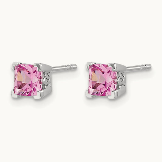 Square Created Pink Sapphire Earrings, 14K White Gold