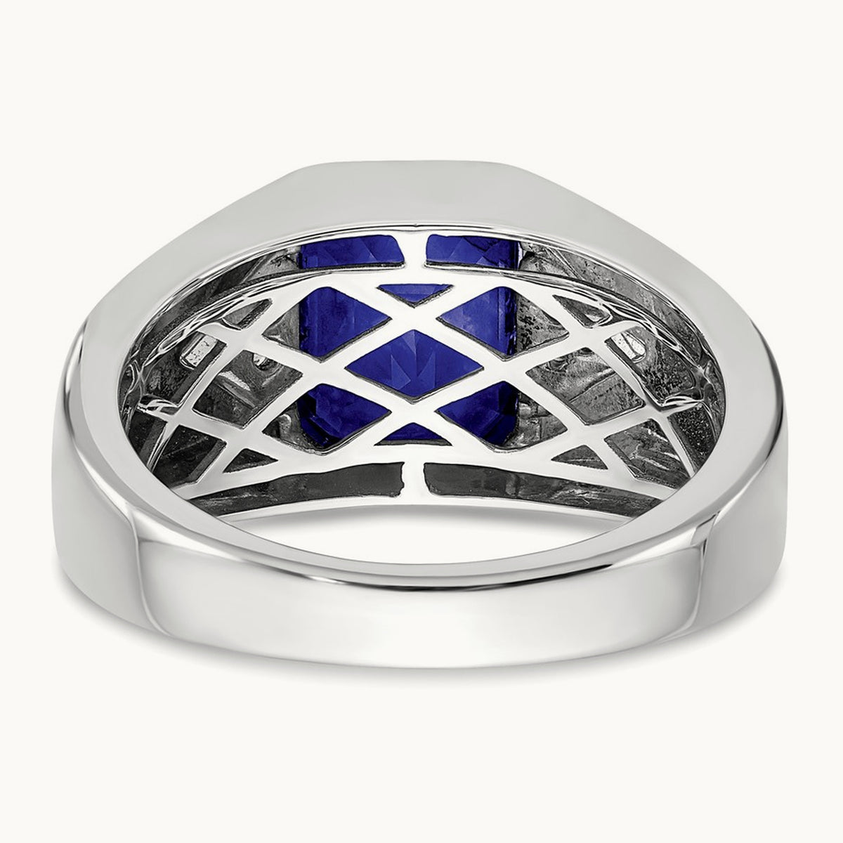 Emerald-cut Created Sapphire and Lab-Grown Diamond Men's Ring — 14K White Gold
