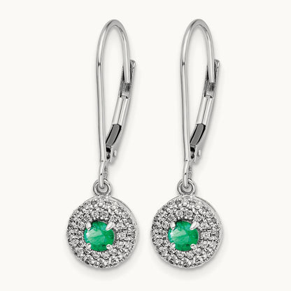 Diamond Halo Emerald Leverback Dangle Earrings, 14K White Gold