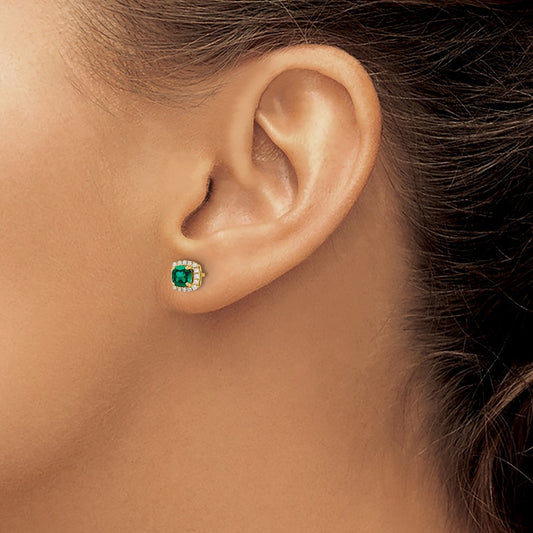 Created Emerald Square Halo Post Earrings, 0.10 ct tw Lab-Grown Diamond — 14K Yellow Gold