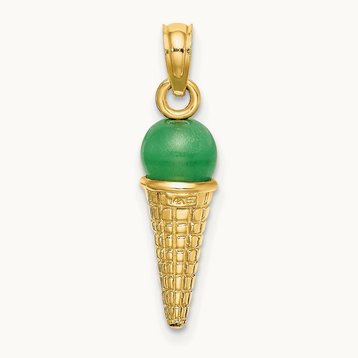 Satin Polished 3D Green Bead Ice Cream Cone Pendant, 14K