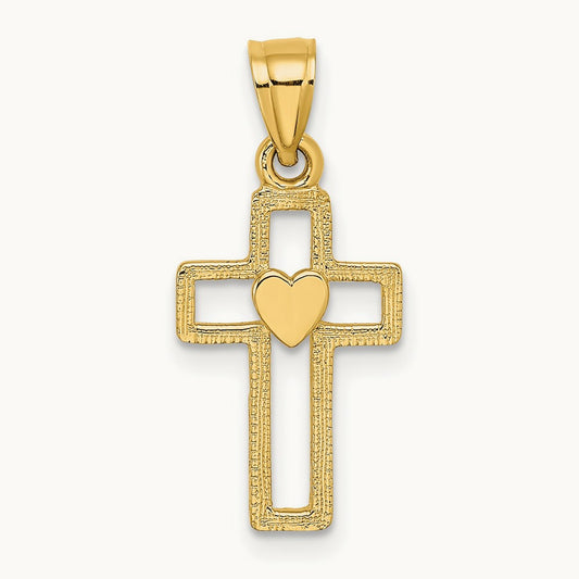 Cut-Out Cross w/ Heart Charm, 14K