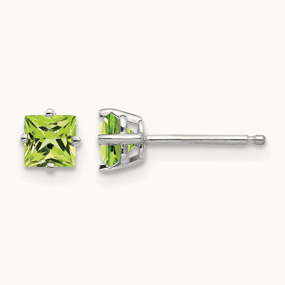 Square Step Cut Peridot Earrings, 4mm, 14K White Gold