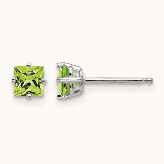 Square Step Cut Peridot Earrings, 4mm, 14K White Gold