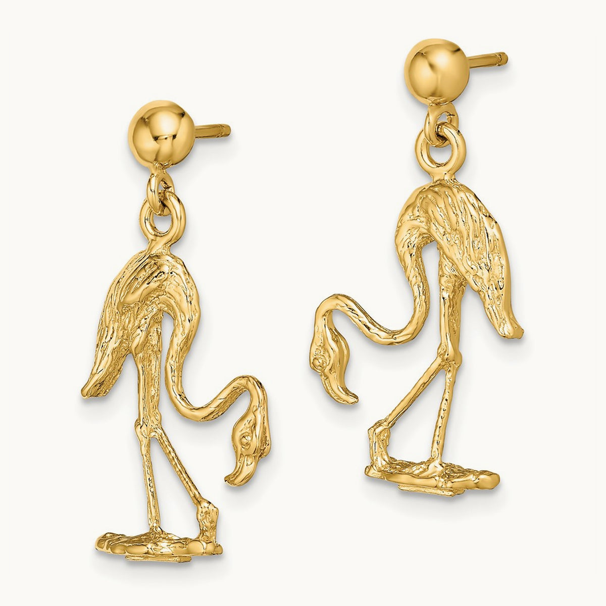 3-D Flamingo Dangle Earrings, 14K