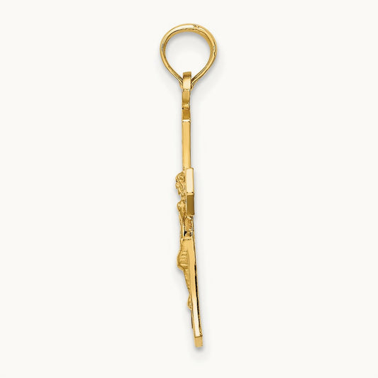 Crucifix W/ Beveled Edges Charm — 14K Yellow Gold