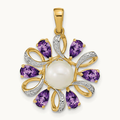 Diamond and 6- Button FWC Pearl/Amethyst Pendant, 7mm, 14K