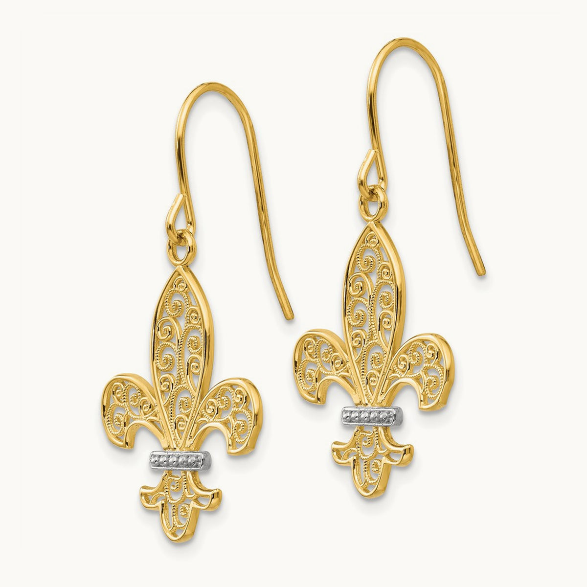 & Rhodium Fleur de lis Shepherd Hook Earrings, 14K
