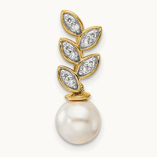 Polished Diamond and Pearl Leaf Chain Slide, 14K