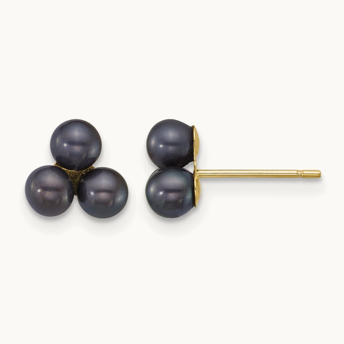 3- Button Black Freshwater Cultured 3 Pearl Post Earrings, 4mm, 14K