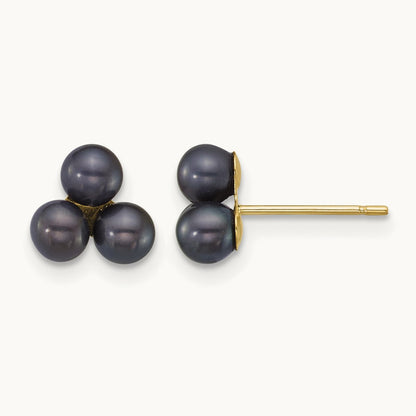 3- Button Black Freshwater Cultured 3 Pearl Post Earrings, 4mm, 14K