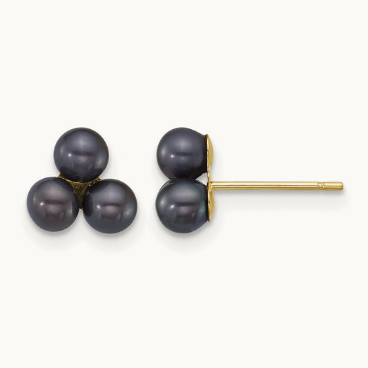 3- Button Black Freshwater Cultured 3 Pearl Post Earrings, 4mm, 14K