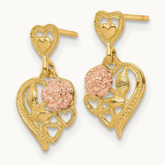 Heart w/Flower Post Dangle Earrings, 14K Two-tone
