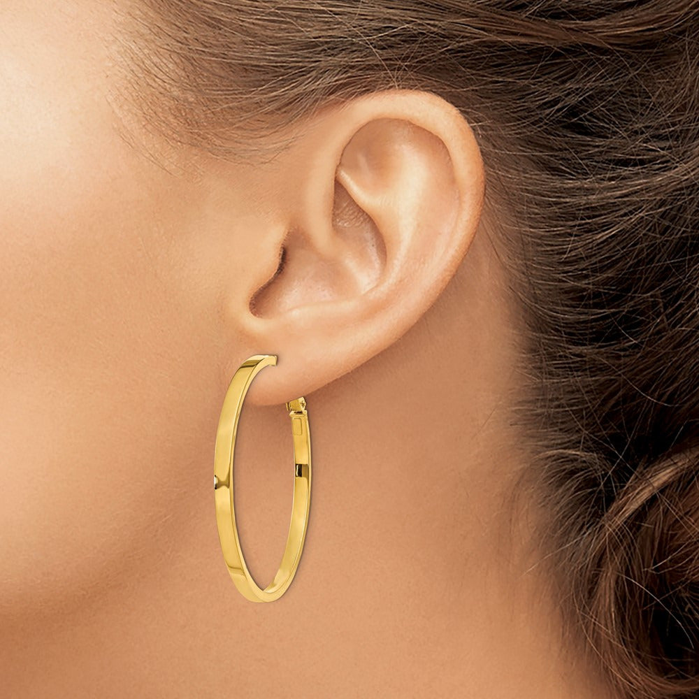 Polished Square Tube Round Hoop Earrings — 14K Yellow Gold, 3x45mm