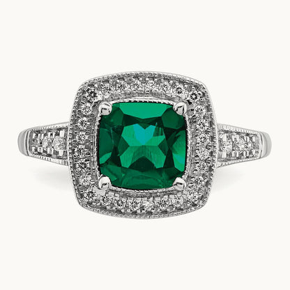 Cushion Created Emerald and Diamond Halo Ring, 14K White Gold