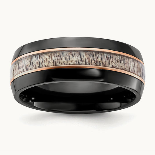 Black Zirconium Polished Rose IP-plated w/Antler Inlay Band, 8mm