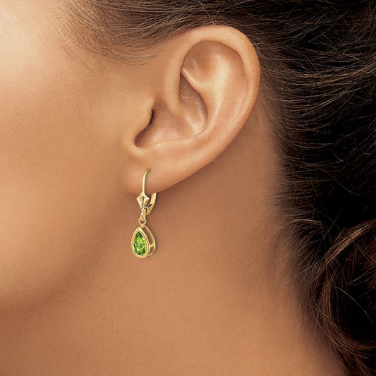 8x5mm Pear Peridot Leverback Earrings — 14K Yellow Gold