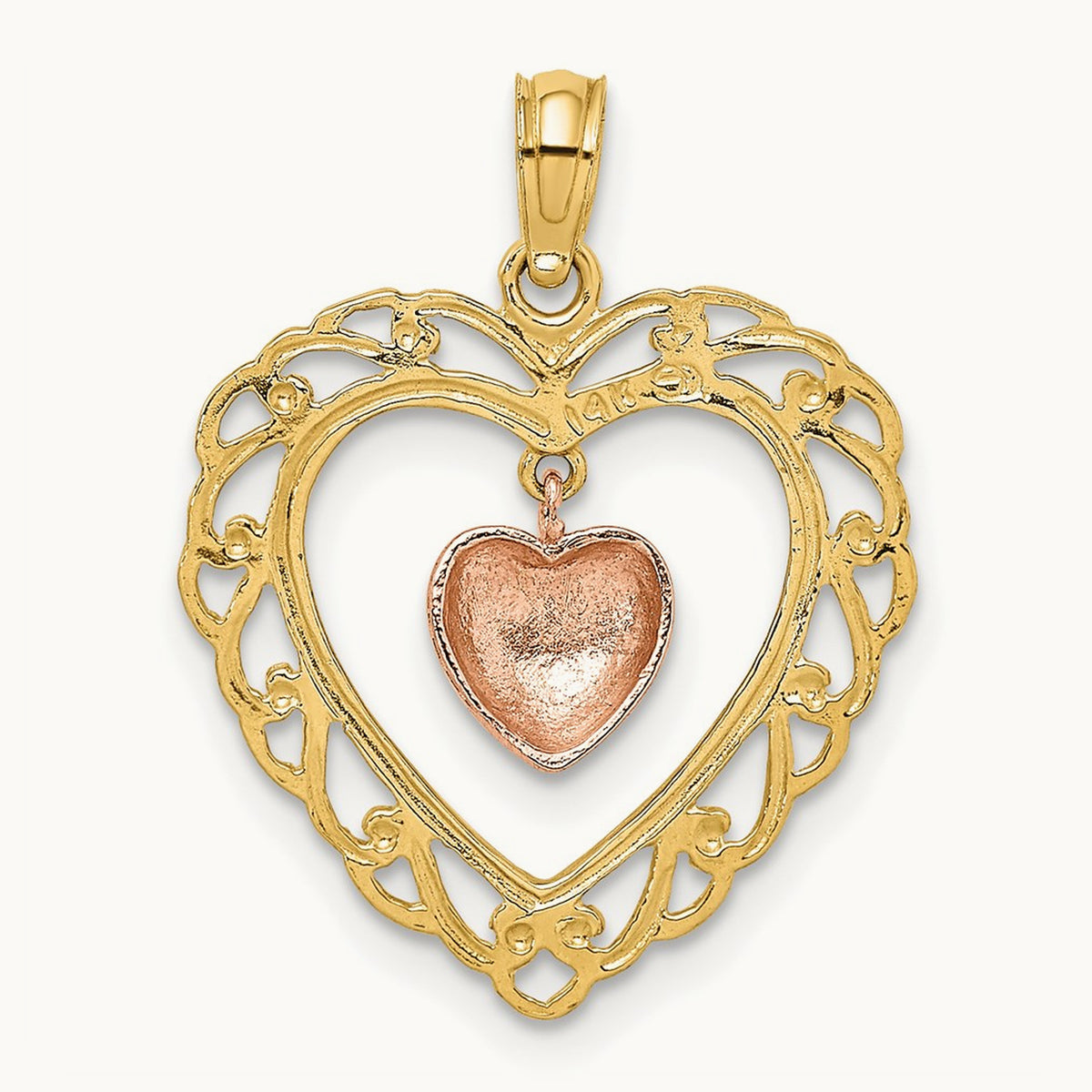 Polished Dangling Heart In Heart Charm, 14K Yellow with Rose Gold