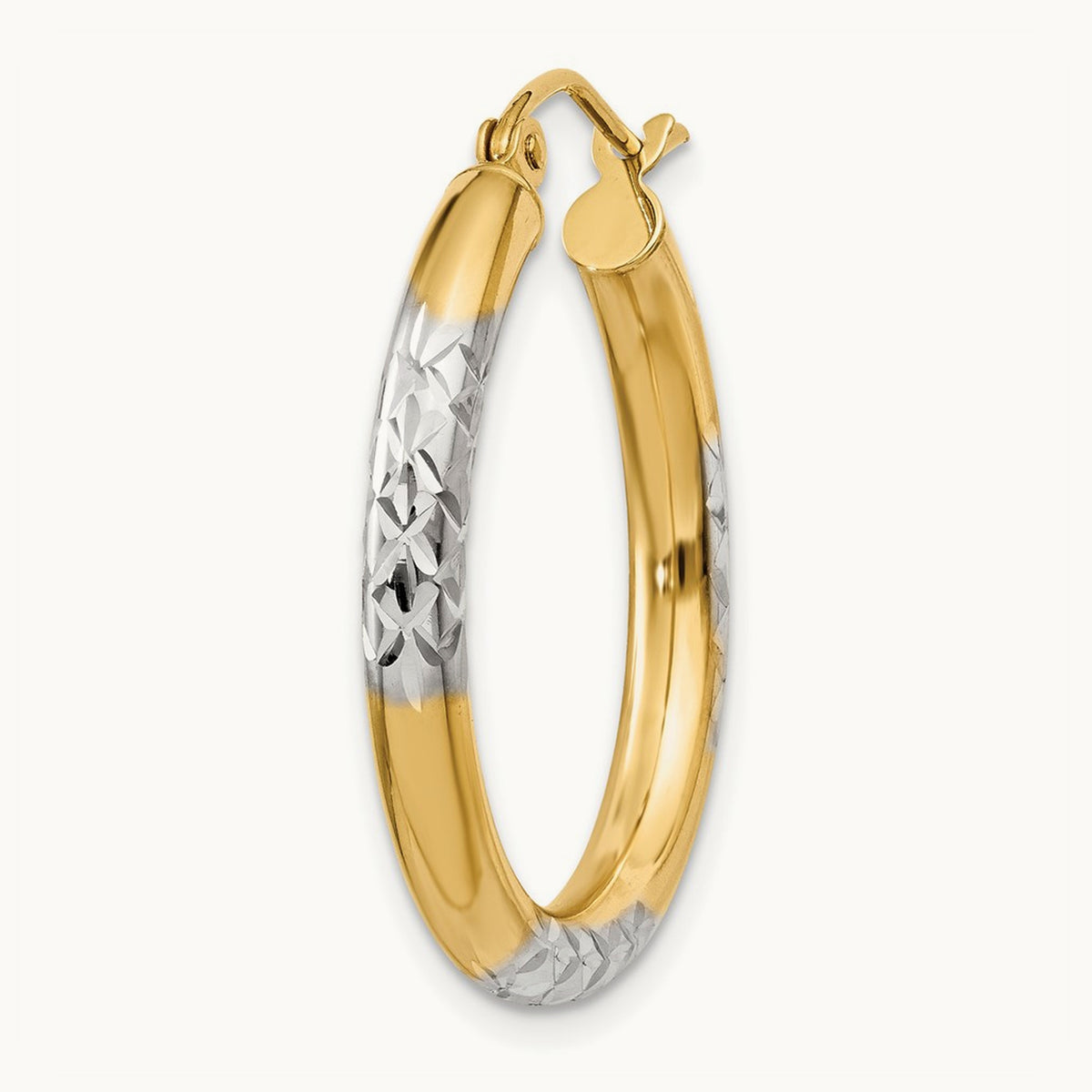 Single 14K and Rhodium Diamond-cut 3x25mm Hoop Earring