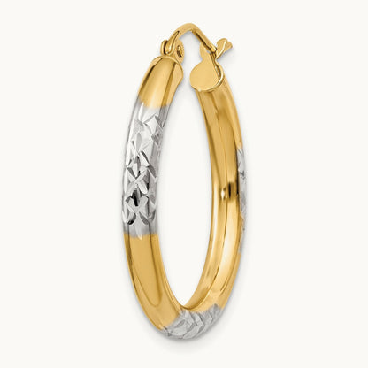 Single 14K and Rhodium Diamond-cut 3x25mm Hoop Earring