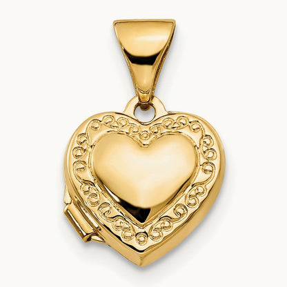 Scroll Border Heart Locket, 10mm, 14K