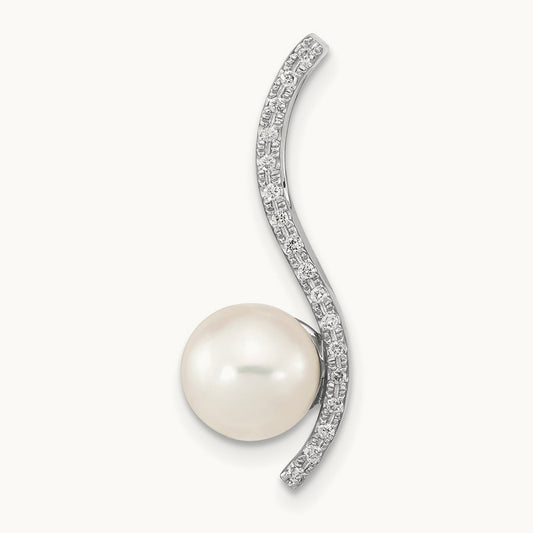 WG 7- Round White Saltwater Akoya Pearl .06ct Dia. Chain Slide, 8mm, 14K