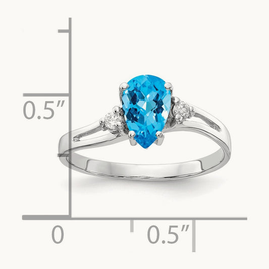7x5mm Pear Blue Topaz Checker AA Diamond ring, 14K White Gold