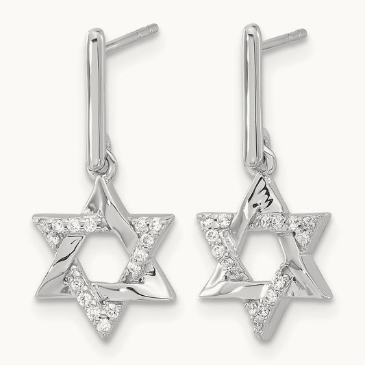 Diamond Star of David Dangle Earrings, 14K White Gold