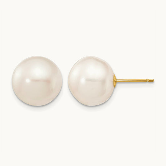 11- White Button Freshwater Cultured Pearl Stud Post Earrings, 12mm, 14K