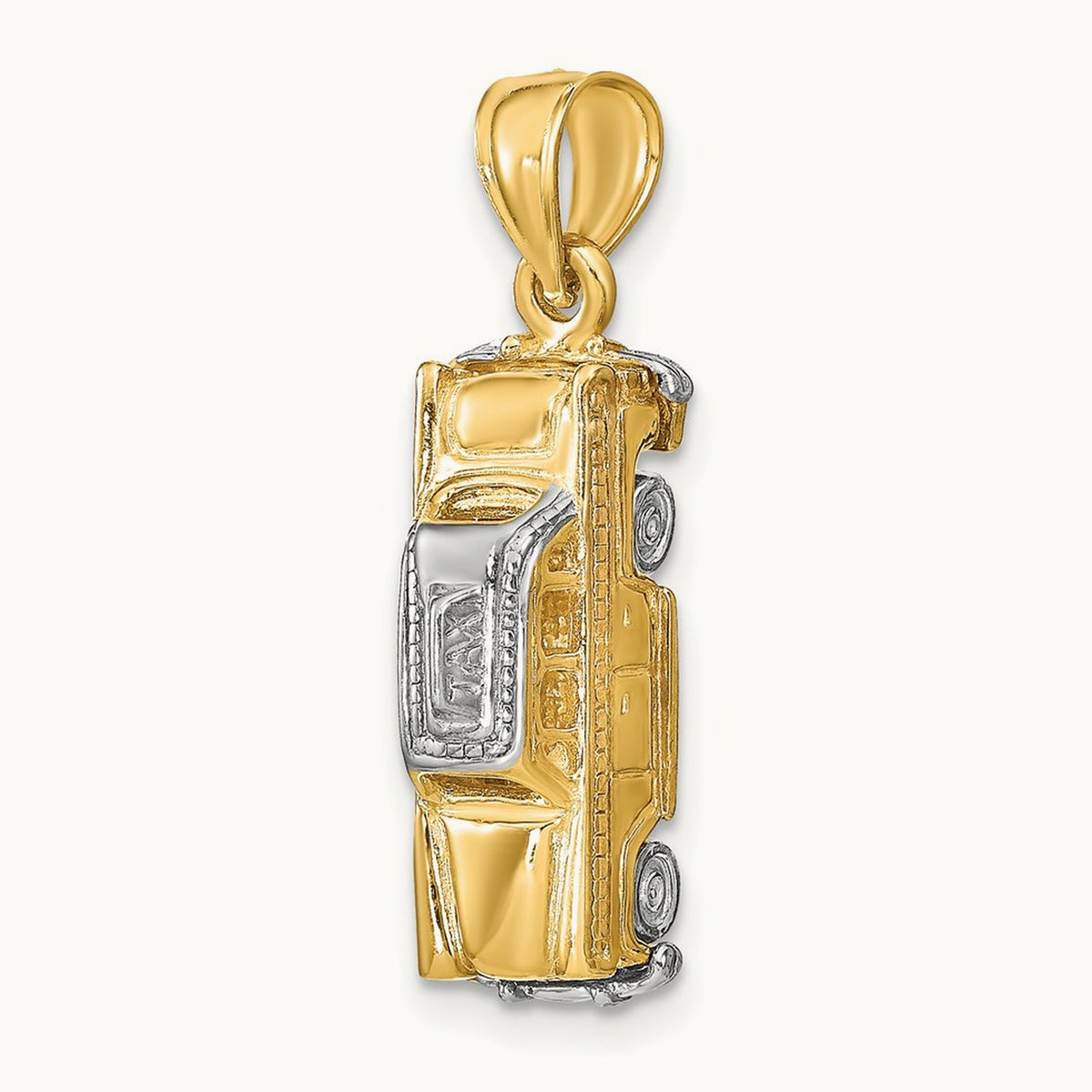 3-D Taxi with Moveable Tires Charm, 14K with White Rhodium