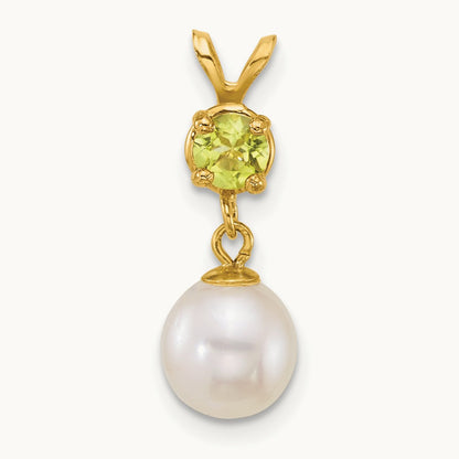 7- Round White FWC Pearl and Peridot Pendant, 8mm, 14K