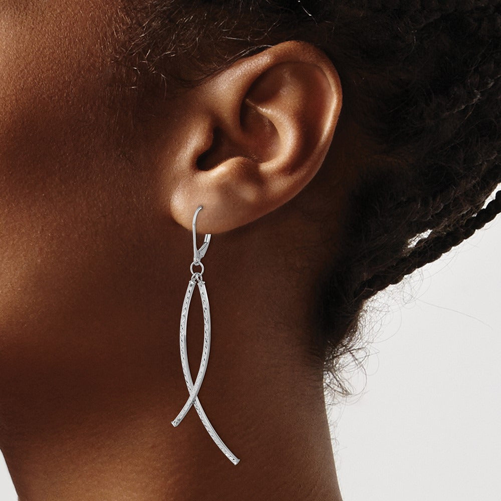 Polished Diamond Cut Fancy Dangle Leverback Earrings — 14K White Gold