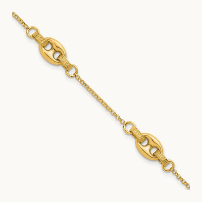 Polished and Textured Greek Key 7.25 w/1in ext. Link Bracelet, 14K