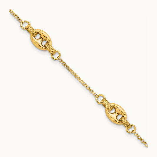 Polished and Textured Greek Key 7.25 w/1in ext. Link Bracelet, 14K
