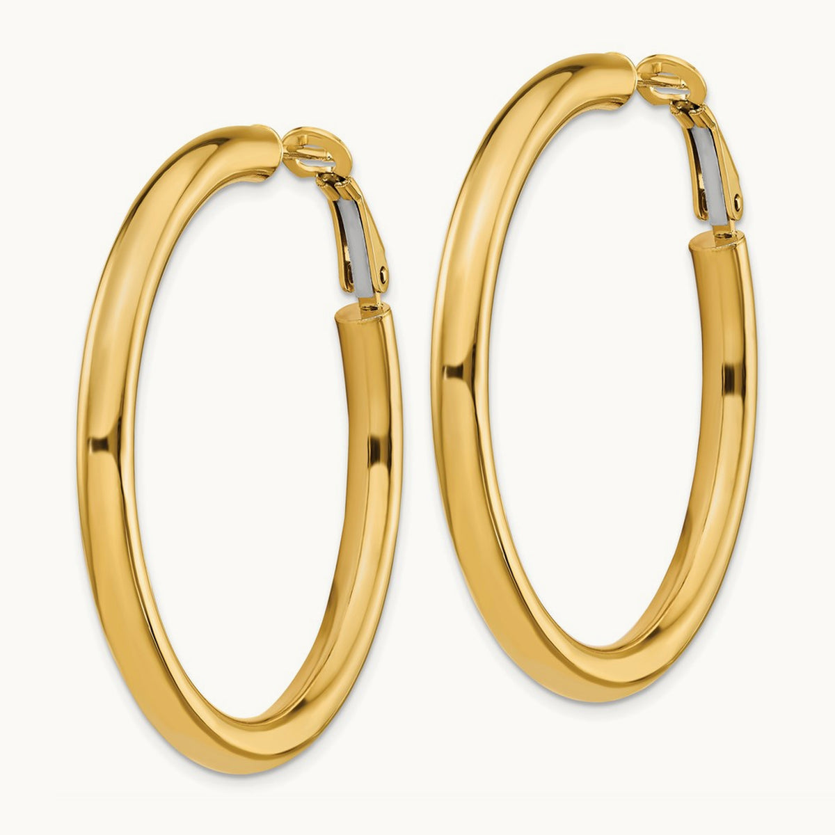 Polished Round Omega Back Hoop Earrings — 14K Yellow Gold, 4x45mm