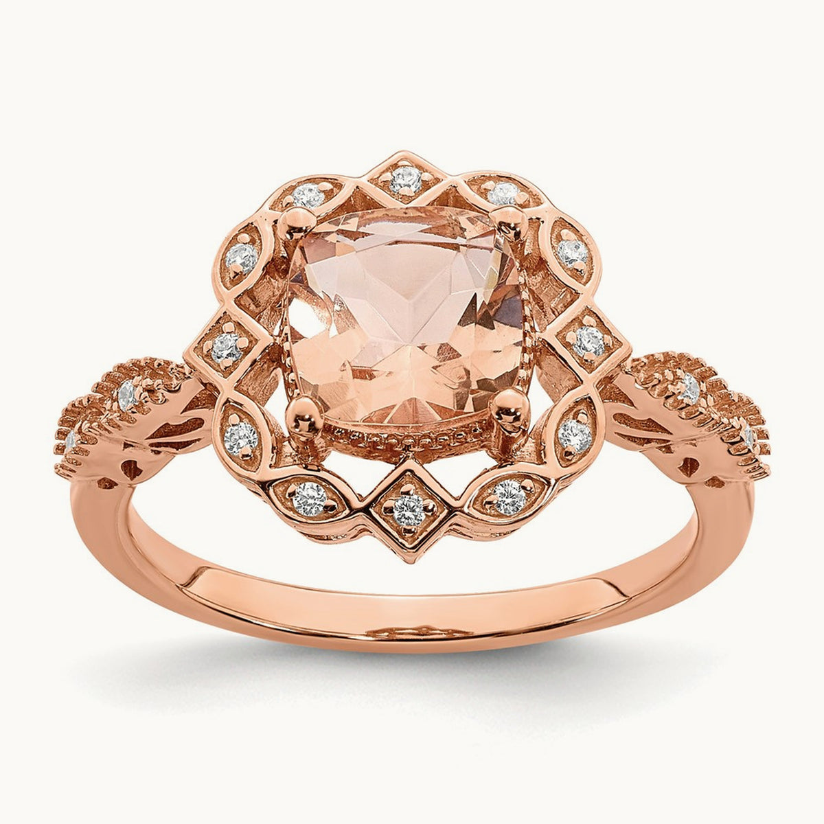 Morganite Diamond Halo Complete Engagement Ring, 14K Rose Gold