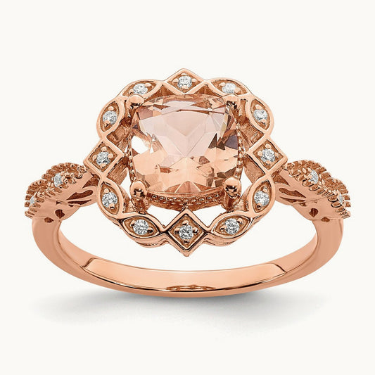 Morganite Diamond Halo Complete Engagement Ring, 14K Rose Gold