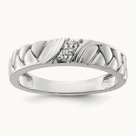 Polish & Satin Woven Design Diamond Mens Wedding Band, 14K White Gold