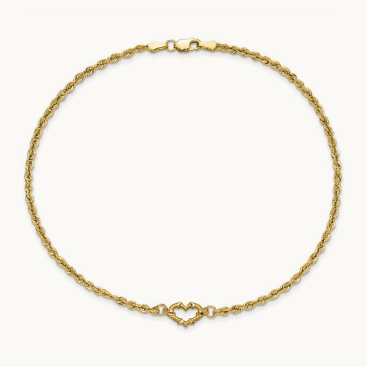 Diamond-cut Open Heart Rope 9inch Anklet, 14K