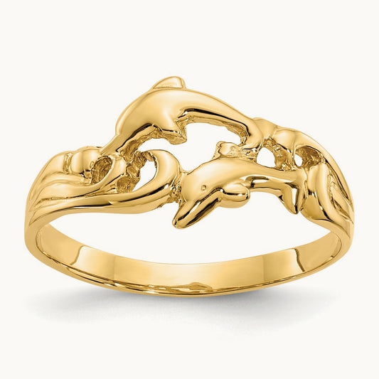 Double Dolphins with Waves Ring, 14K