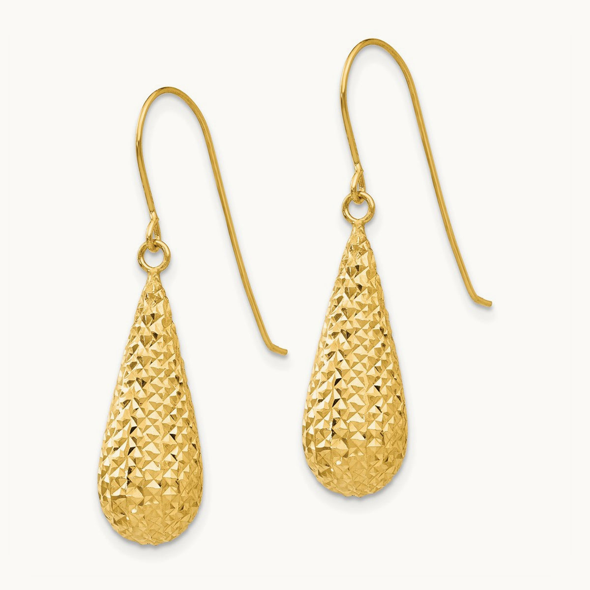 Diamond Cut Puff Tear Drop Dangle Earrings — 14K Yellow Gold