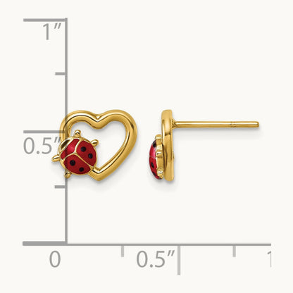 Polished Heart with Enameled Lady Bug Post Earrings, 14K