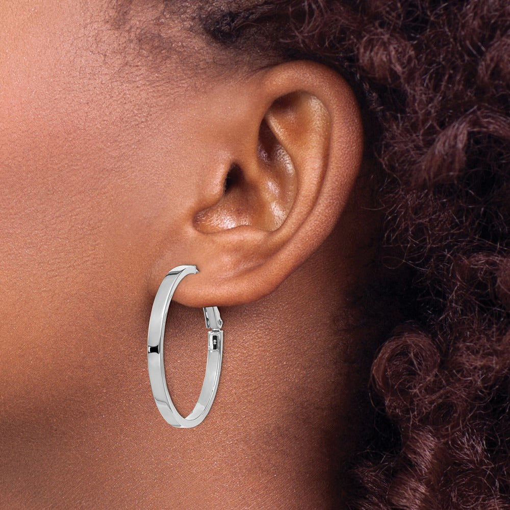 Polished Square Tube Round Hoop Earrings — 14K White Gold, 3x35mm