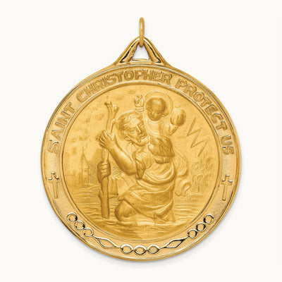 Solid Polished/Satin Extra Large Round St. Christopher Medal, 14K