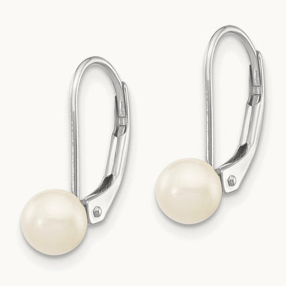5- Round White Saltwater Akoya Pearl Leverback Earrings, 6mm, 14K White Gold